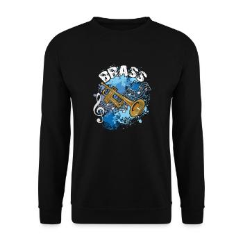 Trompete mit Notenlinien auf Farbklecksen - Unisex Pullover - Schwarz - Vorne - Alina (178cm) & Michal (187cm)