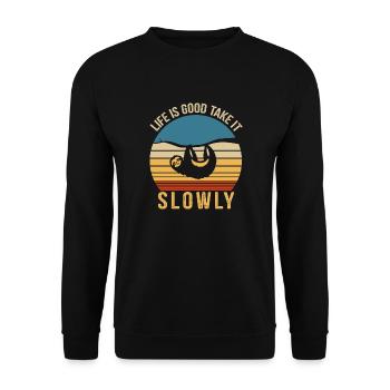 Faultier, Genieß das Leben, Mach langsam - Unisex Pullover - Schwarz - Vorne - Alina (178cm) & Michal (187cm)