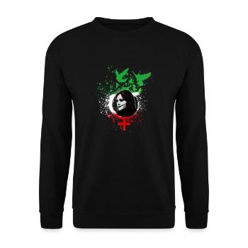 woman life freedom,vögel,iran,graffiti,Mahsa Amini - Unisex Pullover - Schwarz - Vorne - Alina (178cm) & Michal (187cm)
