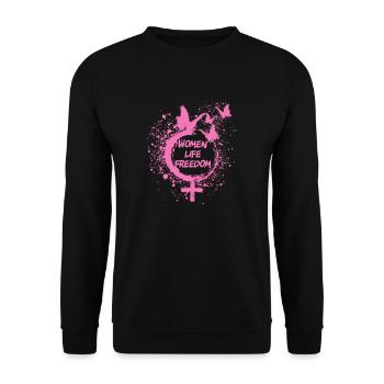 woman life freedom, schmetterlinge,iran,rosa - Unisex Pullover - Schwarz - Vorne - Alina (178cm) & Michal (187cm)