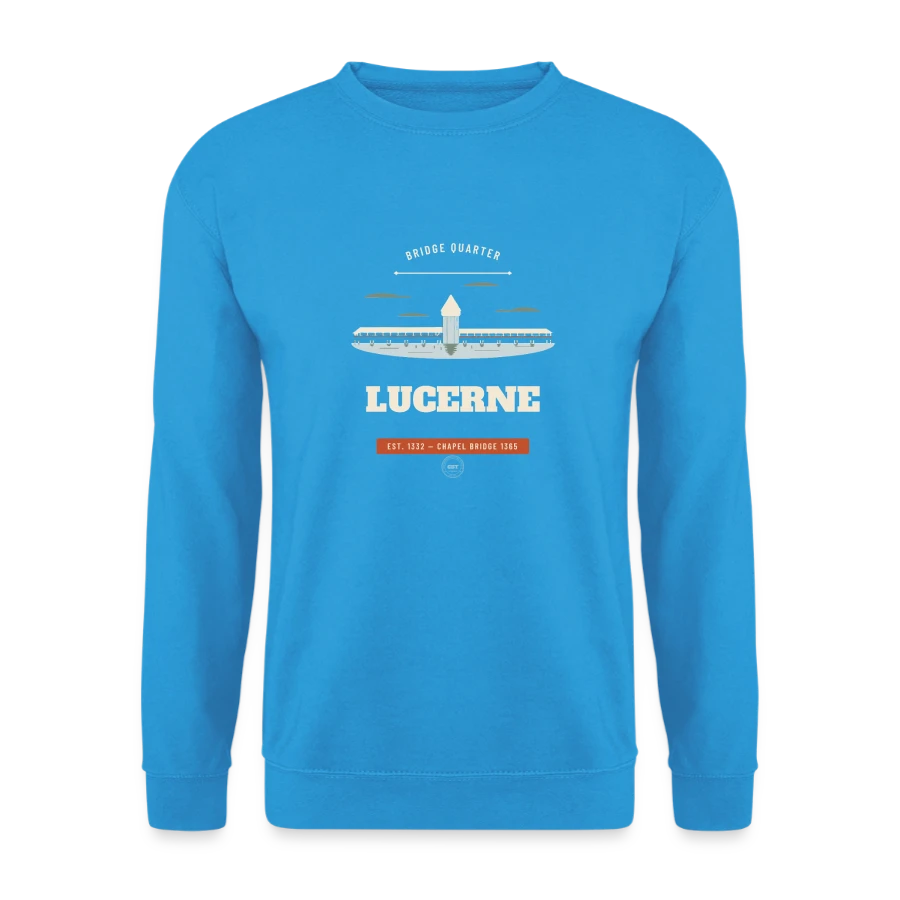 Lucerne badge on a unisex sweatshirt, sea blue