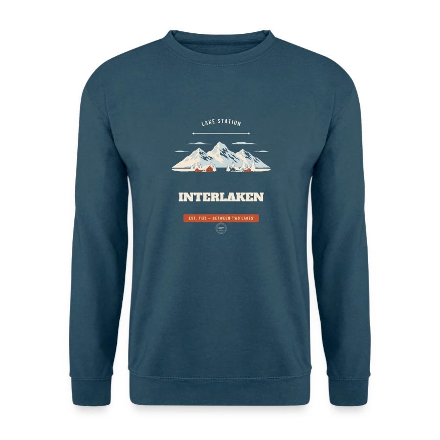 Interlaken badge on a unisex sweatshirt, indigo blue