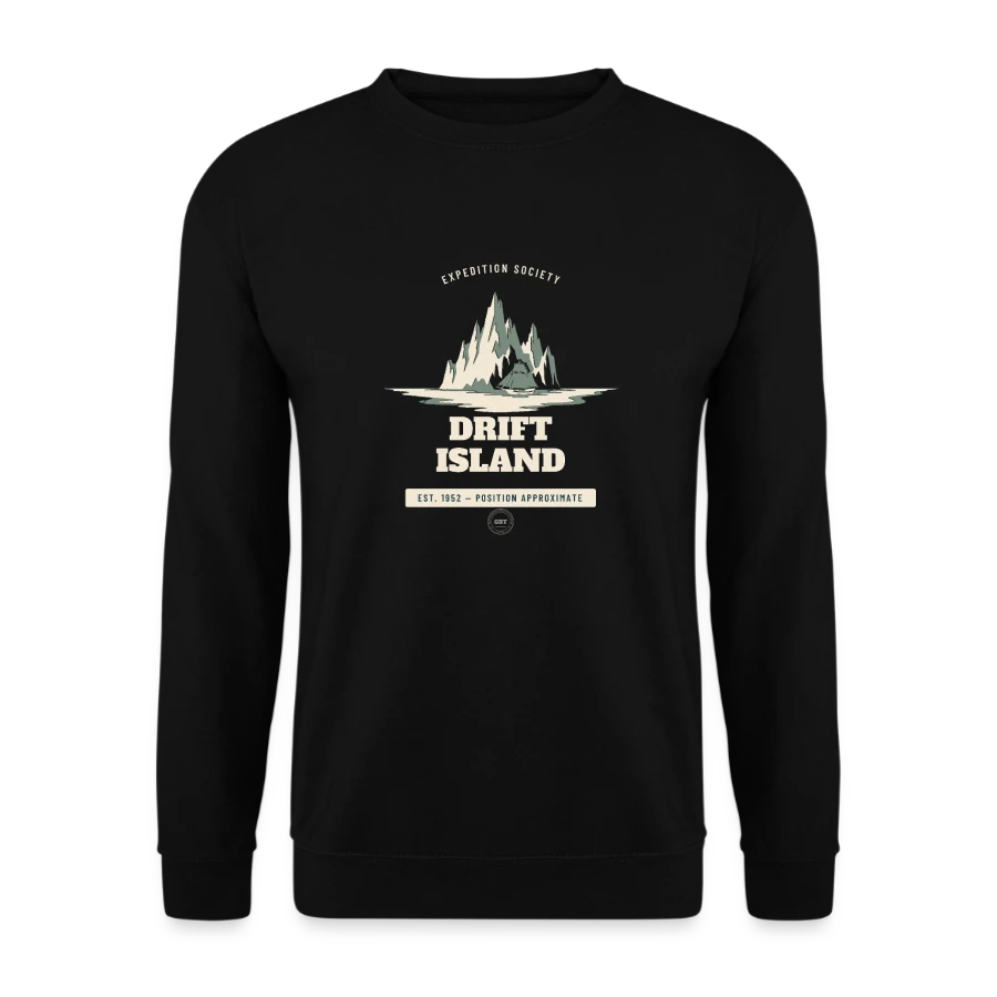 Drift Island badge on a unisex sweatshirt, black, front