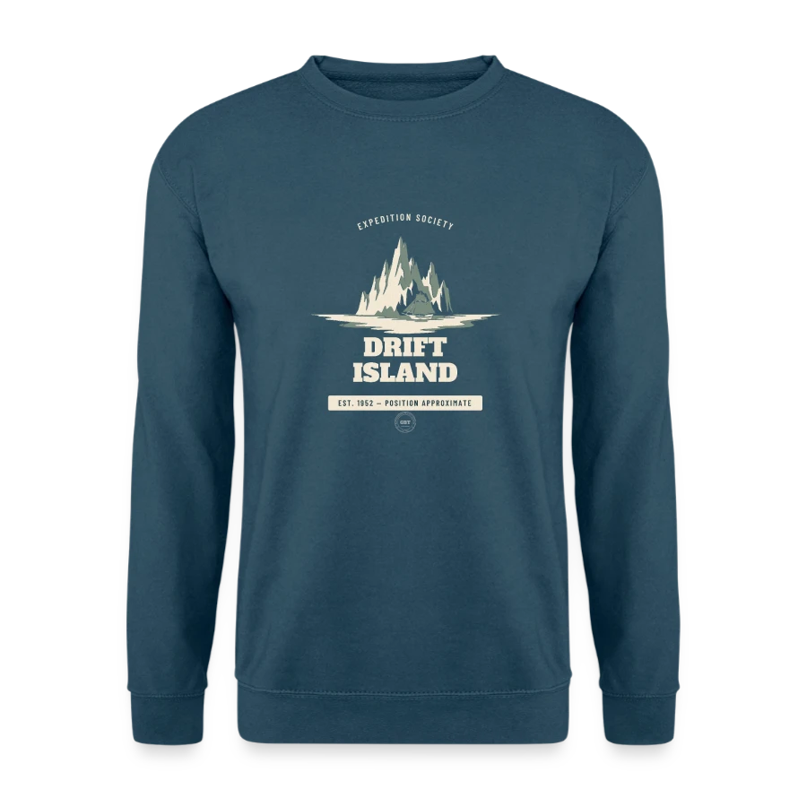 Drift Island badge on a unisex sweatshirt, indigo blue, front