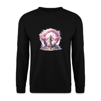 Statue unter einem Kirschblütenbaum - Unisex Pullover - Schwarz - Vorne - Alina (178cm) & Michal (187cm)