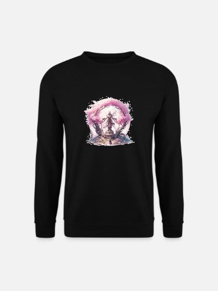 Statue unter einem Kirschblütenbaum - Unisex Pullover - Schwarz