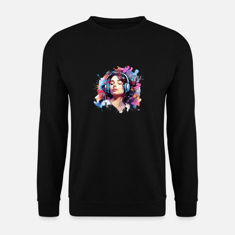 Frau hört Musik mit Kopfhörern - Unisex Pullover - Schwarz