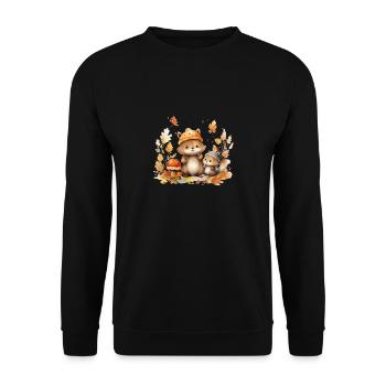 Waldtiere Tiere mit Pudelmütze Pilze und Blätter - Unisex Pullover - Schwarz - Vorne - Alina (178cm) & Michal (187cm)