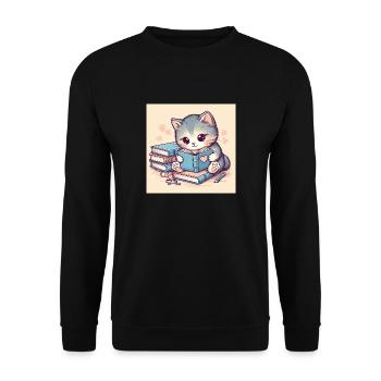 Katze mit Bücher - Unisex Pullover - Schwarz - Vorne - Alina (178cm) & Michal (187cm)