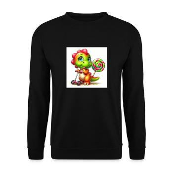 Dino mit Lolli und Lutscher auf Roller - Unisex Pullover - Schwarz - Vorne - Alina (178cm) & Michal (187cm)