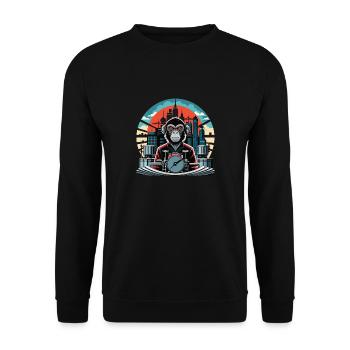 Retro Industry Groove: The Monkey on the Drums - Unisex Sweatshirt - black - Front - Alina (178cm) & Michal (187cm)