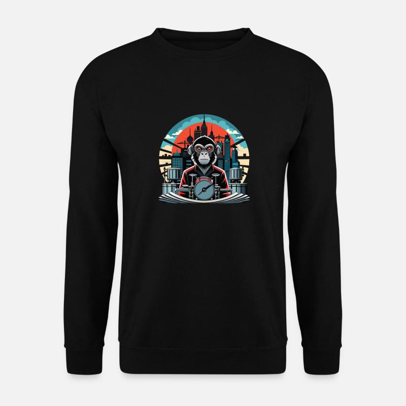 Retro-Industrie Groove: Der Affe am Schlagzeug - Unisex Pullover - Schwarz
