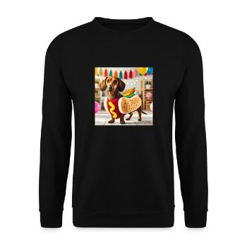 Süßer Dackel im Hotdog-Kostüm auf einer Party. - Unisex Pullover - Schwarz - Vorne - Alina (178cm) & Michal (187cm)