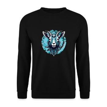 Ziegenbock Portrait auf großem Farbklecks - Unisex Pullover - Schwarz - Vorne - Alina (178cm) & Michal (187cm)