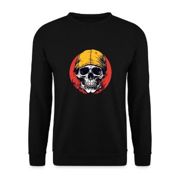Skull mit gelbem Kopftuch auf rotem Farbkreis - Unisex Pullover - Schwarz - Vorne - Alina (178cm) & Michal (187cm)
