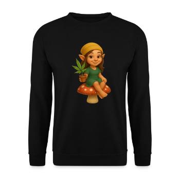 Zwergin auf Pilz mit Cannabispflanze - Unisex Pullover - Schwarz - Vorne - Alina (178cm) & Michal (187cm)
