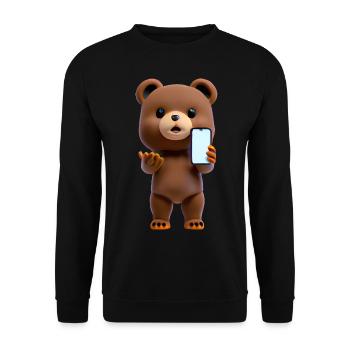 Bär mit Smartphone - Unisex Pullover - Schwarz - Vorne - Alina (178cm) & Michal (187cm)