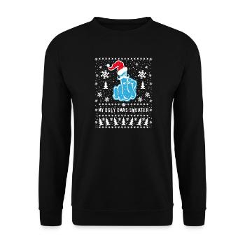 Mittelfinger mit Weihnachtsmütze Ugly Xmas Sweater - Unisex Pullover - Schwarz - Vorne - Alina (178cm) & Michal (187cm)
