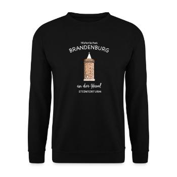 Brandenburg an der Havel, Wahrzeichen Steintorturm - Unisex Pullover - Schwarz - Vorne - Alina (178cm) & Michal (187cm)