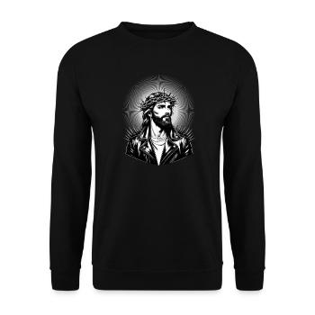 Jesus Christus mit stylischer Frisur & Lederjacke - Unisex Pullover - Schwarz - Vorne - Alina (178cm) & Michal (187cm)