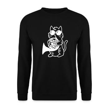 Katze spielt Waldhorn - Unisex Pullover - Schwarz - Vorne - Alina (178cm) & Michal (187cm)