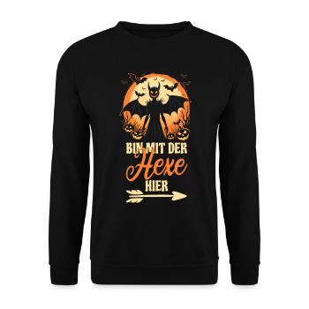 Halloween - Bin mit der Hexe hier - Kostüm - Unisex Pullover - Schwarz - Vorne - Alina (178cm) & Michal (187cm)