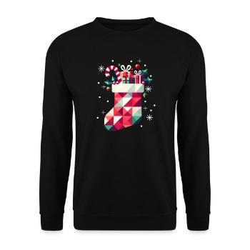 Bunter Weihnachtsstrumpf voller Geschenke - Unisex Pullover - Schwarz - Vorne - Alina (178cm) & Michal (187cm)