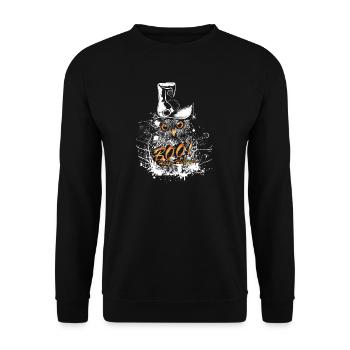 Halloween Eule mit Hexenhut und BOO Schriftzug - Unisex Pullover - Schwarz - Vorne - Alina (178cm) & Michal (187cm)