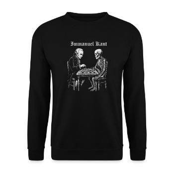 Kant und Skelett Schachduell - Unisex Pullover - Schwarz - Vorne - Alina (178cm) & Michal (187cm)