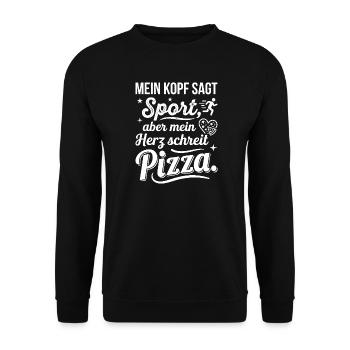 Sport oder Pizza lustiger Spruch - Unisex Pullover - Schwarz - Vorne - Alina (178cm) & Michal (187cm)