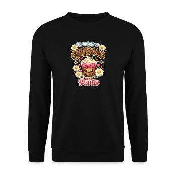 Kaffee Chaos Patch Leoparden Latte - Unisex Pullover - Schwarz - Vorne - Alina (178cm) & Michal (187cm)