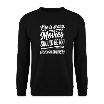 Life is Scary Horror Movies Popcorn - Unisex Pullover - Schwarz - Vorne - Alina (178cm) & Michal (187cm)