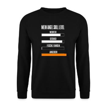 Mein Angel Skill Level Lustiges Angler Motiv mit - Unisex Pullover - Schwarz - Vorne - Alina (178cm) & Michal (187cm)