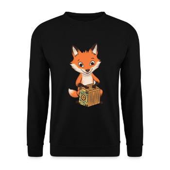 Fuchs spielt Cajon-Instrument als Geschenk - Unisex Pullover - Schwarz - Vorne - Alina (178cm) & Michal (187cm)