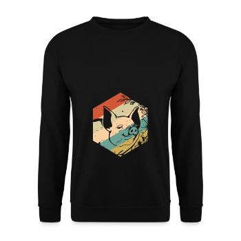 Fröhliches Retro Vintage Schwein Blumen - Unisex Pullover - Schwarz - Vorne - Alina (178cm) & Michal (187cm)