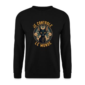Hypnotisches Katzenporträt: Ich kontrolliere die Welt - Unisex Pullover - Schwarz - Vorne - Alina (178cm) & Michal (187cm)