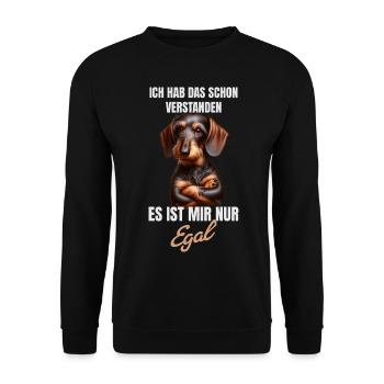 Schon verstanden, es ist mir nur egal Dackel - Unisex Pullover - Schwarz - Vorne - Alina (178cm) & Michal (187cm)
