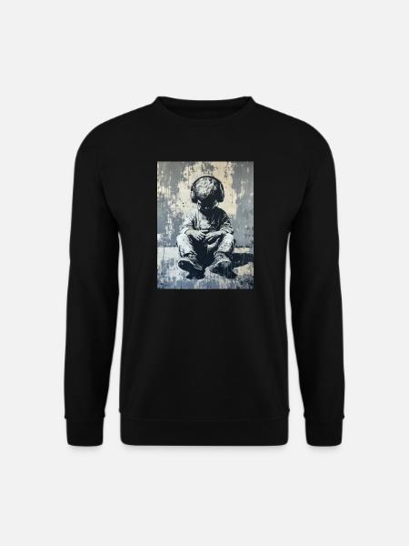Banksy Style - Sitzendes Kind mit Kopfhörern - Unisex Pullover - Schwarz