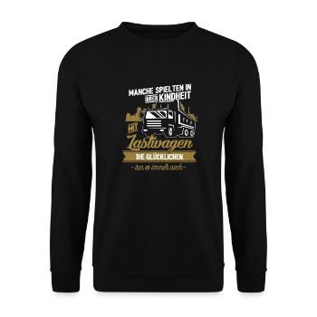 LKW-Fahrer Trucker Fernfahrer Lastwagen Kindheit - Unisex Pullover - Schwarz - Vorne - Alina (178cm) & Michal (187cm)