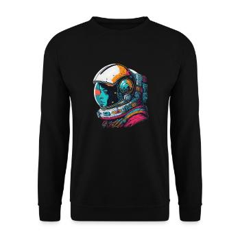 Abstrakte Astronautin im Weltraum - Unisex Pullover - Schwarz - Vorne - Alina (178cm) & Michal (187cm)