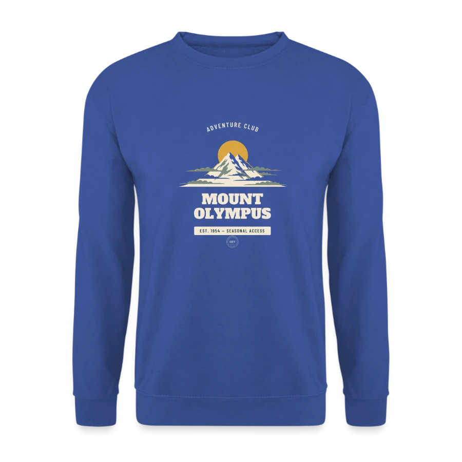 Mount Olympus badge on a unisex sweatshirt, royal blue, front