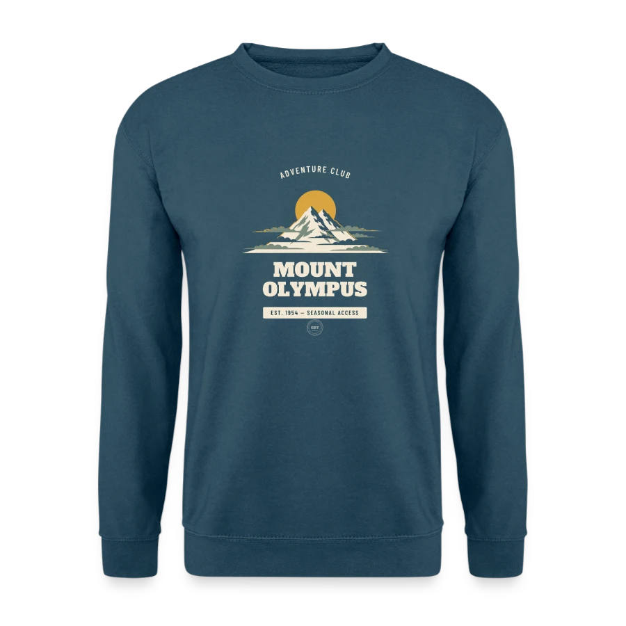 Mount Olympus badge on a unisex sweatshirt, indigo blue, front