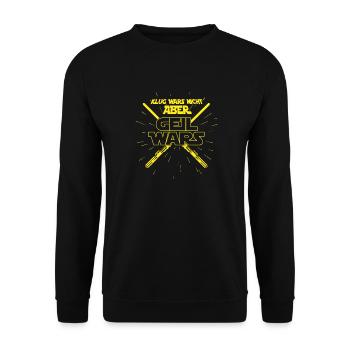 Klug wars nicht, GEIL WARS Lustiger Spruch JGA - Unisex Pullover - Schwarz - Vorne - Alina (178cm) & Michal (187cm)