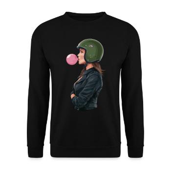 Coole Motorradfahrerin Bikerin kaut Kaugummi - Unisex Pullover - Schwarz - Vorne - Alina (178cm) & Michal (187cm)