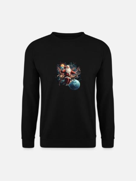 Santa Fliegt mit Rehntier durch das Universum - Unisex Pullover - Schwarz