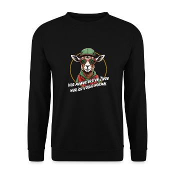 Vor den Ziegen war ich normal - lustiger Spruch - Unisex Pullover - Schwarz - Vorne - Alina (178cm) & Michal (187cm)