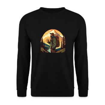 Wanderer mit Rucksack und Bier in den Bergen - Unisex Pullover - Schwarz - Vorne - Alina (178cm) & Michal (187cm)