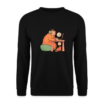 Witziges Faultier mit Katze im Home-Office - Unisex Pullover - Schwarz - Vorne - Alina (178cm) & Michal (187cm)
