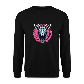 Ziegenbock Portrait auf großem Farbklecks - Unisex Pullover - Schwarz - Vorne - Alina (178cm) & Michal (187cm)