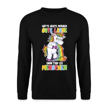Witziges Einhorn Kotzend zynisch antisozial - Unisex Pullover - Schwarz - Vorne - Alina (178cm) & Michal (187cm)